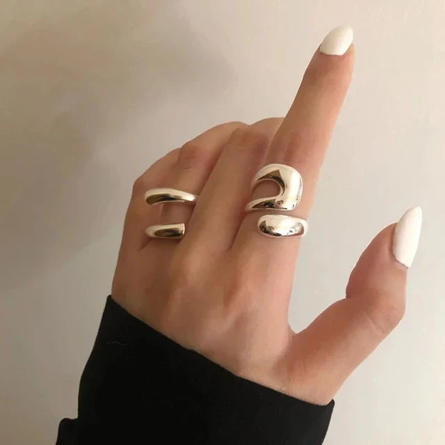 sengpan Minimalist Silver Color Rings for Women Fashion Creative Hollow Irregular Geometric Birthday Party Jewelry Gifts