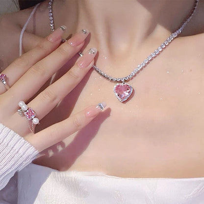 sengpan New Women Pink Heart Pendant Necklace Earring Jewelry Set Trend Zircon Clavicle Chain Lover Crystal Anniversary Gifts