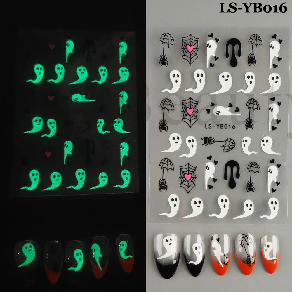 sengpan Luminous Nail Stickers Glow In Dark Halloween Nail Art Decoration Cartoon Skull Ghost Sliders Bones Spider Decal Tattoo GLYB-018