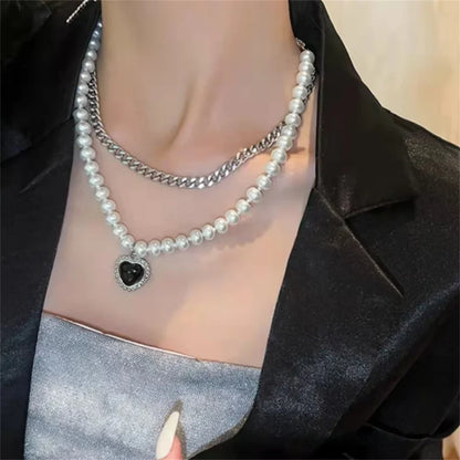 Lianfudai New Vintage Link Chain Heart Pendant Necklace Female Women's 2024 Fashion Pearl Necklace for Woman Jewelry Gift