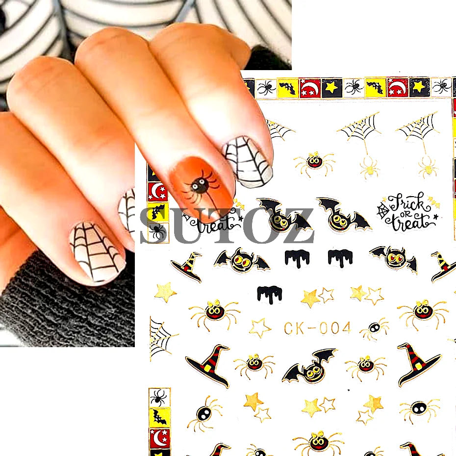 sengpan Embossed 3D Witches Nails Stickers Gold Black Witche Broom Boots Relief Design DIY Halloween Dark Style Manicure Decal CK-007