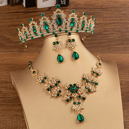 sengpan Baroque Bridal Crown Tiaras For Women Wedding Princess Queen Red Green Blue Crystal Tiaras Necklace Earrings Jewelry Sets