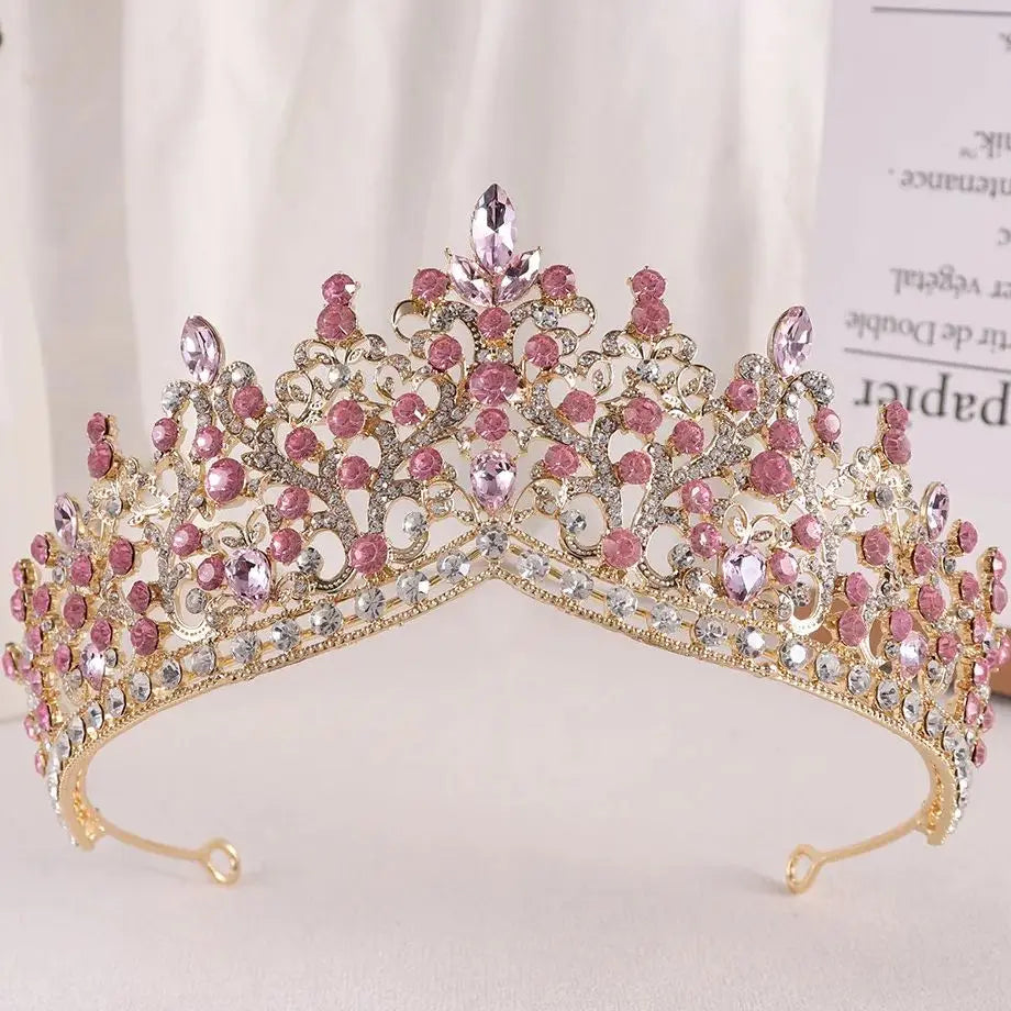 sengpan  Baroque Pink Crystal Beads Tiara Crown Headwear For Women Girls Wedding Party Princess Bridal Queen Hair Accessories