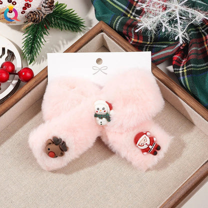 sengpan Christmas Bow Plush Hair Clip Soft Cute Hair Clip With Bangs Pink Santa Claus Elk Hair Accessories Girls Women New Year Gifts