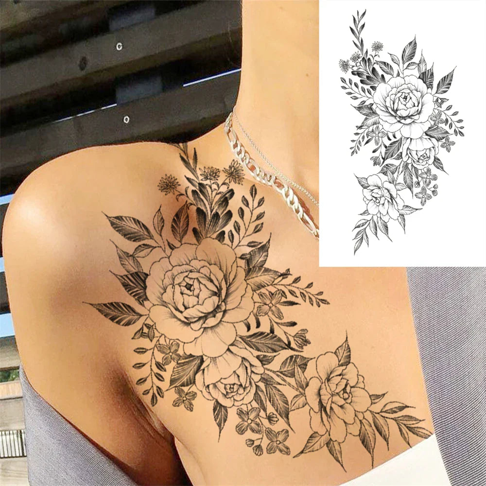 sengpan Death Skull Flower Temporary Tattoo For Women Girls Snake Bird Peony Tattoo Sticker Black Fake Blossom Sexy Tatoo Transfer Adult