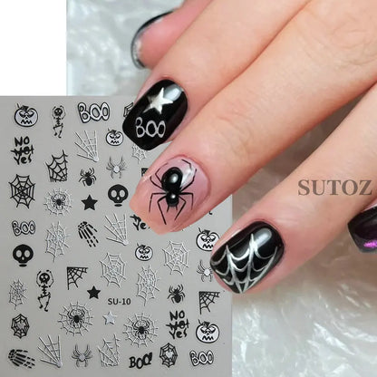 sengpan Spider Nail Sticker Halloween Decoration Snake Skull Design Evil Pumpkin Bat Nail Slider Witch Star Charm Manicure Decal LEBSO10