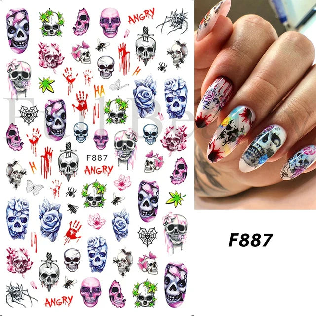 sengpan Spider Nail Art Stickers Halloween Design Ghost Skull Spider Webs Pumpkin Nail Decors Y2K Diamond Charms Manicure Decals GLJI-DZ