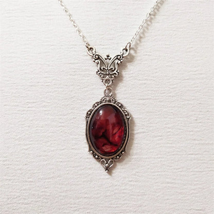 sengpan Gothic Blood Red Quartz Charm Necklace Oval Pendant Necklace For Women Halloween Vampire Embossed Witch Jewelry Vintage Chokers