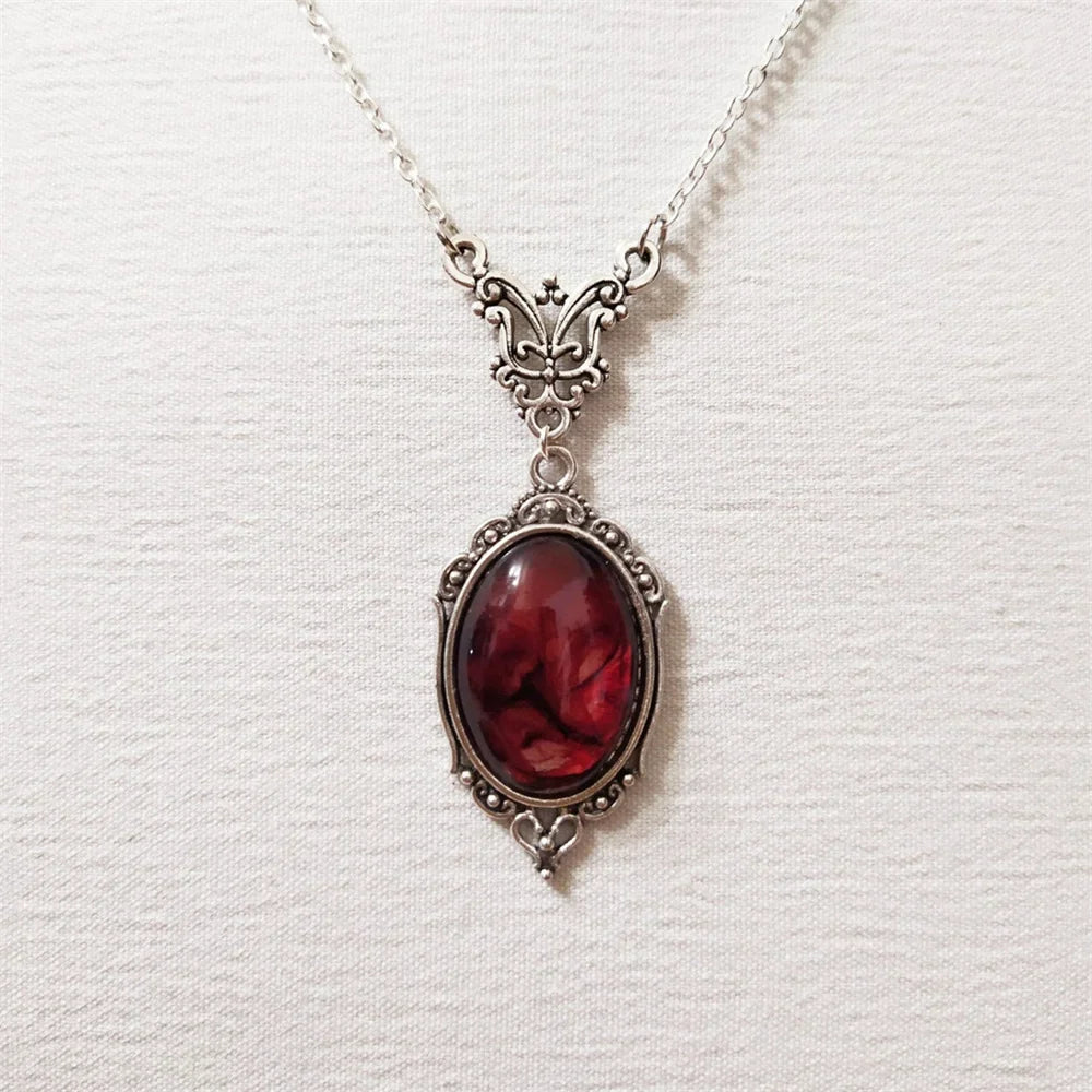 sengpan Gothic Blood Red Quartz Charm Necklace Oval Pendant Necklace For Women Halloween Vampire Embossed Witch Jewelry Vintage Chokers