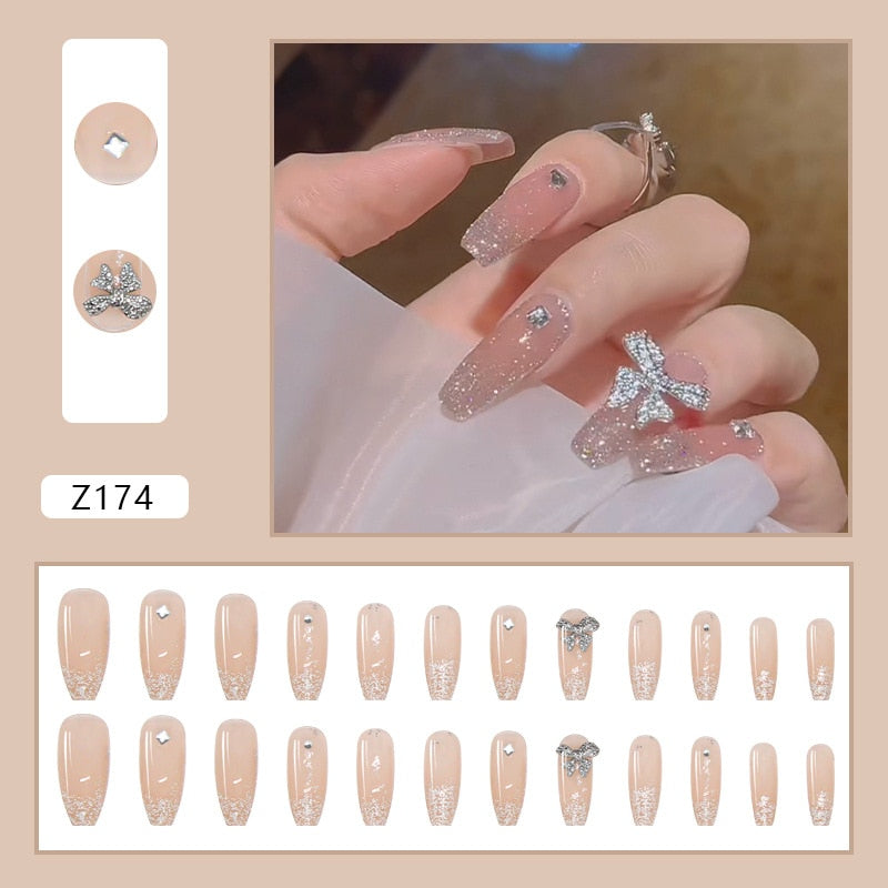 sengpan 24P Nail Art Fake Nails Japanese Ballerina Press on Nails Set Diamond Streamer Flash Fly Butterfly Seamless Removable False Nail