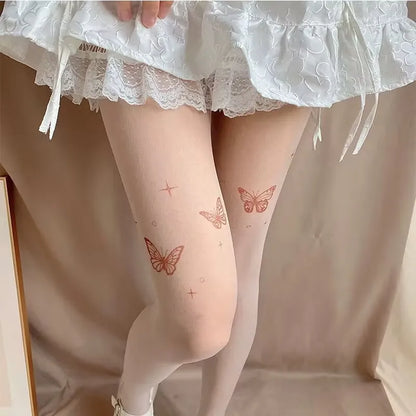 sengpan Y2K Fake Tattoo Printed Butterfly Stockings Skin Color Hosiery Thighs Cored Stocking Lolita Sweet Cute Tights Pantyhose Lingerie