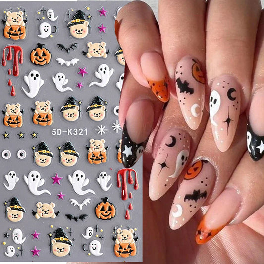 sengpan 5D Halloween Ghost Pumpkin Embossed Nail Stickers Decals Spider Web Clown Bone Nail Art Gel Sliders Design Manicure Decorations