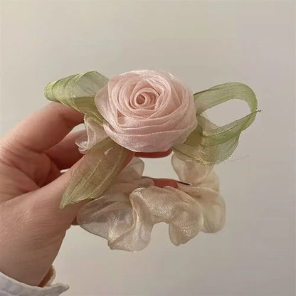 sengpan Sweet Rose Flower Hair Scrunchies Women Mesh Large Hair Rope Girl Fairy Hair Tie Simple Ins Headdress Female Ponytail Holder