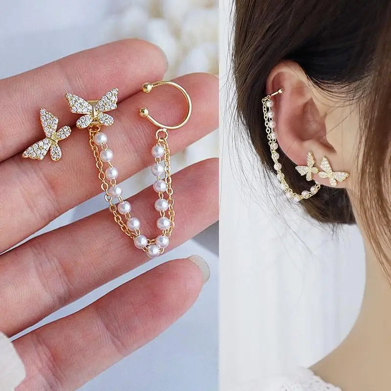 sengpan Korean Vintage Pearl Crystal Earrings For Women Jewelry High-class Luxury Zircon Flower Butterfly Leaf Women's Stud Earrings