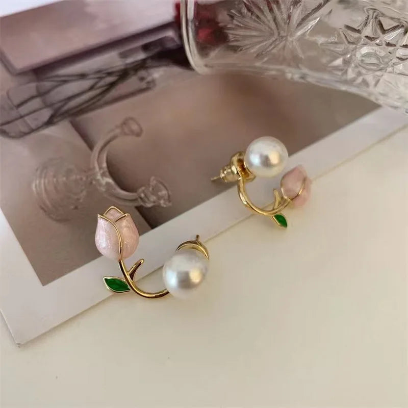 sengpan Sweet Fashion Enamel Pearl Tulip Flower Stud Earrings For Women Korean Temperament Zircon Back Hanging Earring Wedding Jewelry