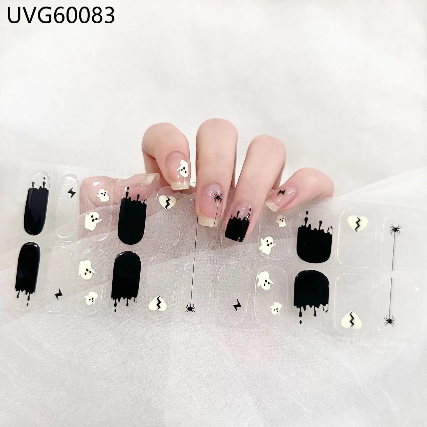 Lianfudai 2024 Halloween Semi-cured UV Gel Nail Stickers Pumpkin Skull Full Cover Gel For UV Lamp Gel Nail Strips Press On Nail Decal