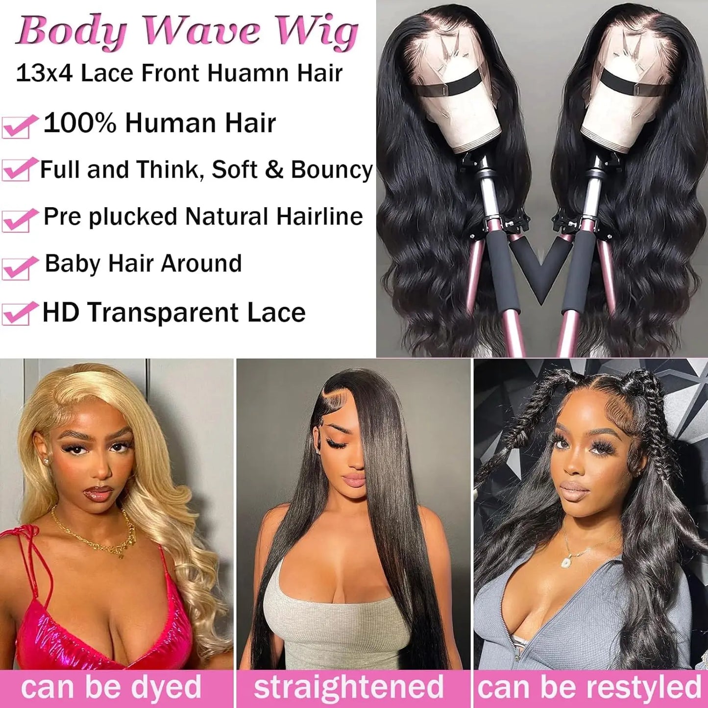 sengpan Body Wave Lace Front Wigs Human Hair 180% Density 13x4 HD Lace Frontal Wigs for Women Pre Plucked with Baby Hair Natural Color