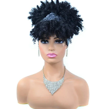 sengpan Short Kinky Curly Headband Wigs  Afro Puff Curly Headband Wig For Women Natural Synthetic Turban Wrap Wig  Cosplay Daily Use