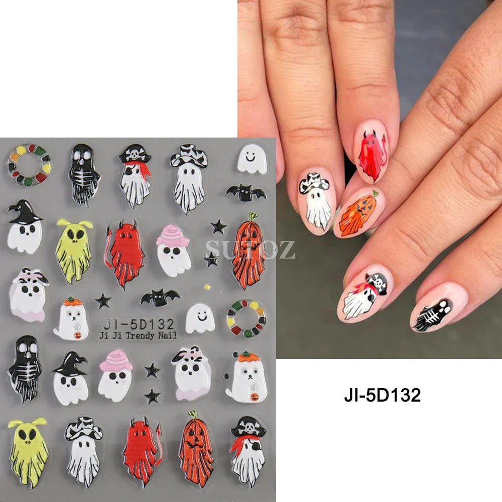 sengpan 5D Ghost Halloween Nail Art Stickers Cartoon Pumpkins Skulls Flowers Nail Decals Y2K Halloween Self-Adhesive Manicure Deco JI-5D