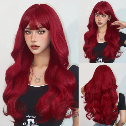 sengpan Orange Blonde Ombre Long Wavy Synthetic Wigs with Bangs Party Cosplay Wig for Women Natural Fake Hair Heat Resistant