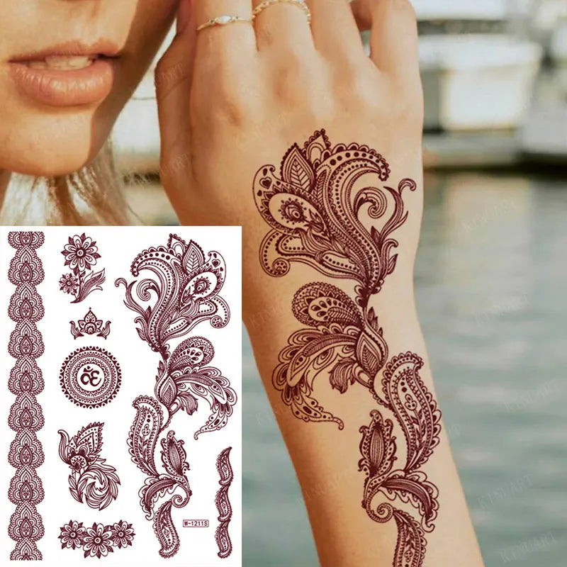 sengpan Brown Henna Stickers for Hand Flower Temporary Henna Tattoos for Women Fake Tatoo Waterproof Mehndi Designs Wedding Tattoo Hena