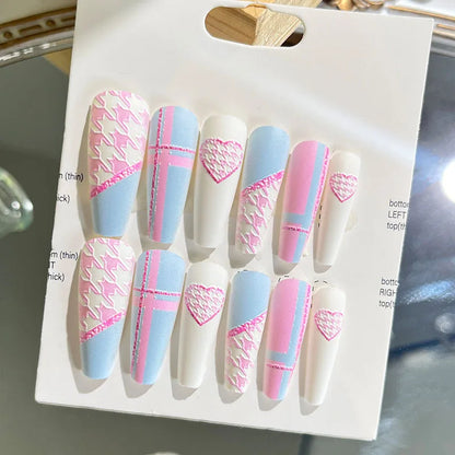 sengpan 12pcs Wearable Press on Fake Nails with Relief Design Shiny Design  Lovely Girl False Nail with Wearing Tools Nail Art Supplies