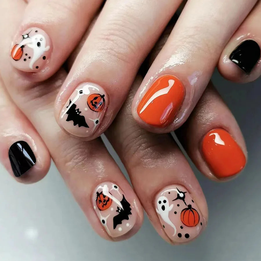 sengpan 24Pcs Halloween Nails Set with Jelly Glue Short Coffin Press on False Nails Pumpkin Bat Ghost Design Manicure Tips Fake Nail