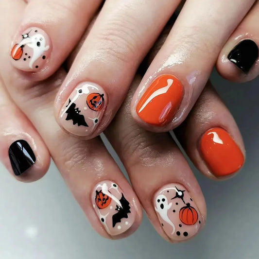 sengpan 24Pcs Halloween Nails Set with Jelly Glue Short Coffin Press on False Nails Pumpkin Bat Ghost Design Manicure Tips Fake Nail