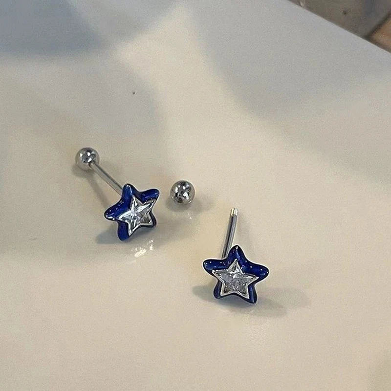 sengpan 1 Pair Trend Blue Crystal Star Pentagram Mini Stud Earrings for Women Cool Sweet Aesthetic Earrings Fashion Y2k Jewelry