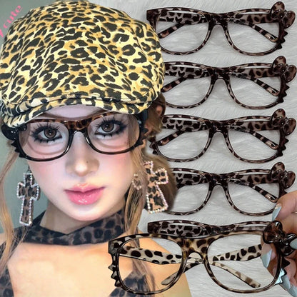 sengpan Y2K Hello Kitty Eyeglass Frame Anime Leopard Print Eyeglass Frame Kawaii Retro Glasses Cartoon Cute Eyewear Decorative Toys Gift