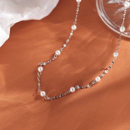 sengpan Silver Color Pearl Long Chain Choker Necklace For Women Wide Fine Jewelry Wedding Party Birthday Gift