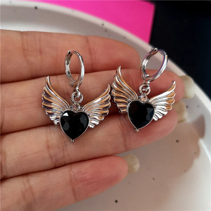 sengpan New Vintage Aesthetic Crystal Purple Heart Wing Pendant Earring For Women Men Grunge Punk Goth Y2K 2000s EMO Jewelry Accessories