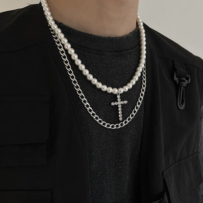 Lianfudai Punk Imitation Pearl Bead Chain Spikes/Cross Pendant Necklace Men Hiphop Layered Stainless Steel Choker Set 2024 Fashion Jewelry