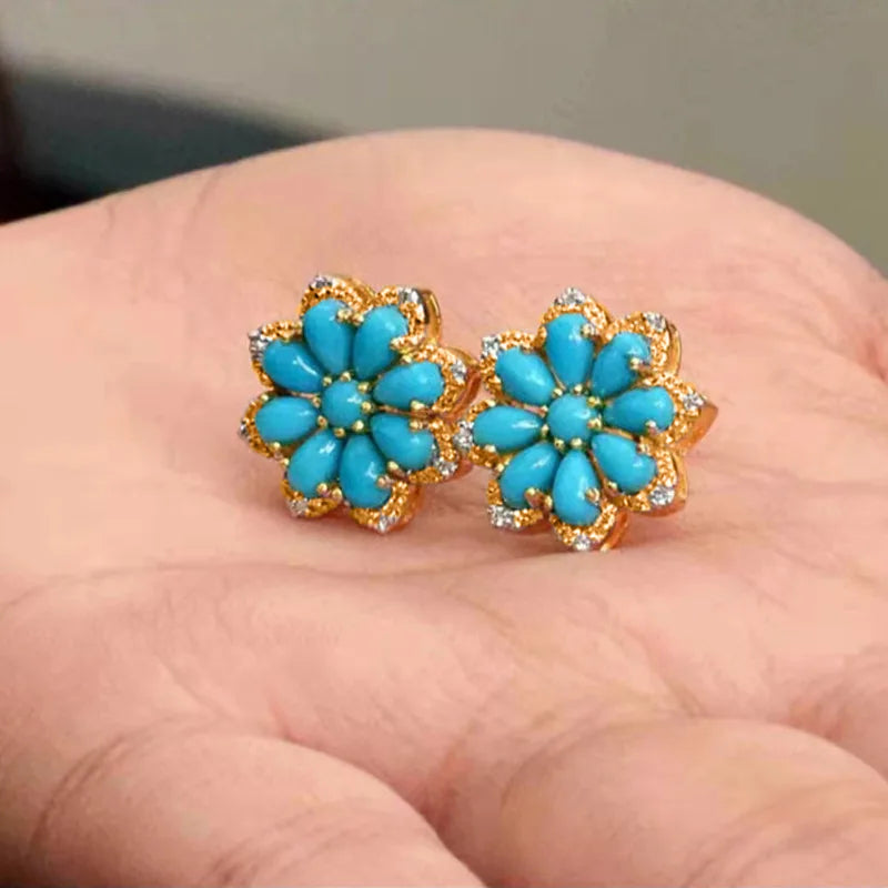 sengpan Vintage Turquoise Stud Earrings for Women Snow Flower Earring Statement Earring Valentine Day Gift Jewelry Pendientes Mujer