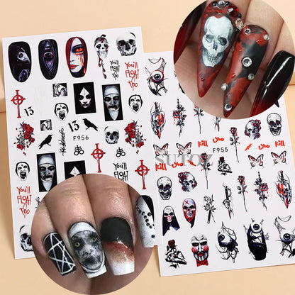 sengpan 3D Halloween Nail Art Stickers Horror Ghost Skull Evil Eye Anime Decals Bloody Rose Sticker for Nail Manicure Decoration LEBF956