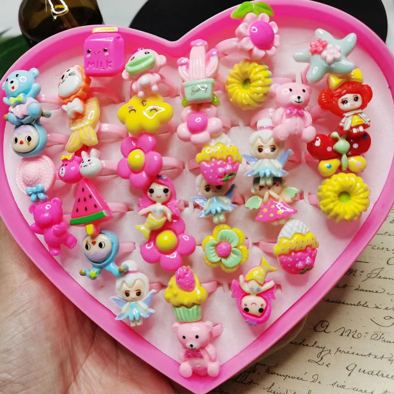 sengpan 10pcs/Lot Cute Children's Cartoon Rings Glitter Flower Fruit Shape Plastic Adjustable Open Rings For Kids Girls Birthday Gift