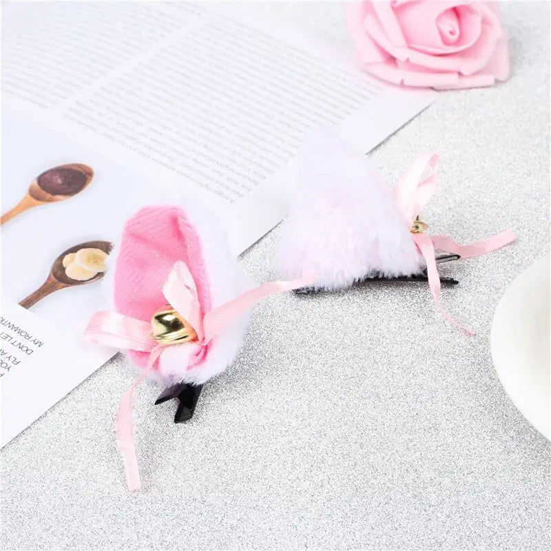 sengpan 2pcs Cat Ears With Bell Hair Clip Fox Long Fur Hairpins Headwear Cosplay Anime Costume Halloween Party Gifts Hair Accessories