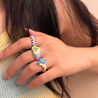 Lianfudai Colorful Enamel Heart Sweet Ring Trendy Geometric Dripping Oil for Women Girls Funny Y2K Chunky Jewelry Summer NEW