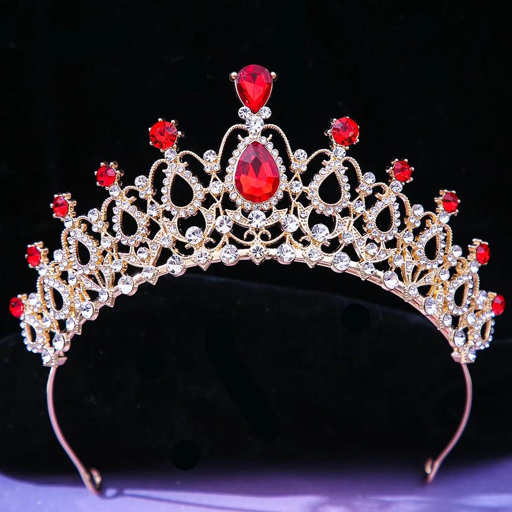 Lianfudai Luxury Elegant AB Crystal Crown Hair Accessories Tiara For Women Party Red Purple Rhinestone Bridal Crown New Hair Jewelry