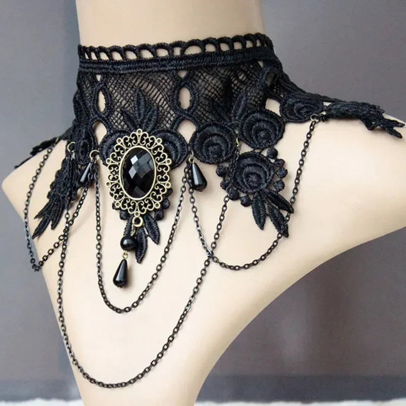 sengpan  Fashion Gothic Victorian Crystal Tassel Tattoo Choker Necklace Black Lace Collar Vintage Women Wedding Jewelry