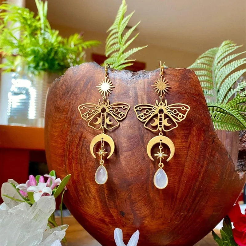 sengpan  Celestial Moonstone Moth Earrings Hypoallergenic Fairy Jewelry Handmade Creativity Novelty Jewelry Women Gift Statement Grunge