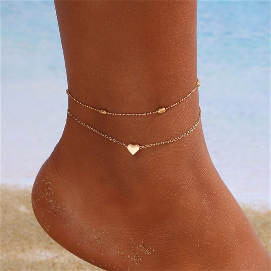 sengpan Simple Heart Boho Anklet Bracelets For Women Summer Holiday Beach Chain Bead Ankle Bracelet On Leg Foot Wedding Party Jewelry