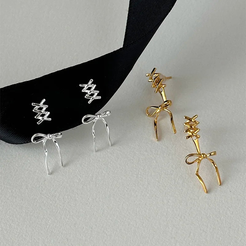 sengpan New Golden Plated Bowknot Earrings for Women Silver Needle Studs Trendy Elegant Sweet Party Jewelry Accessories