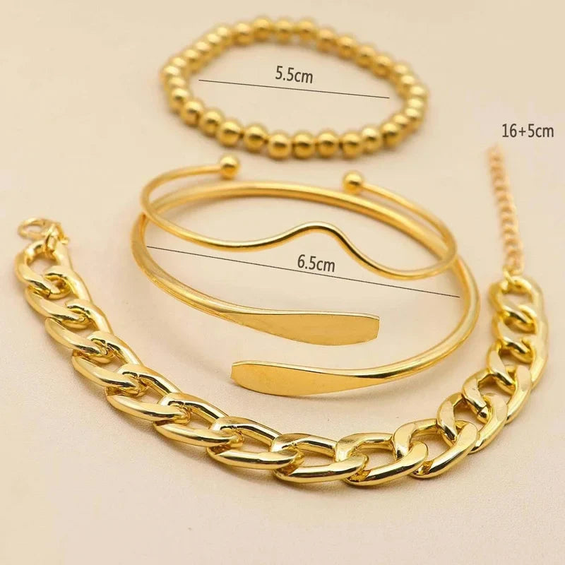 sengpan 4pcs Punk Curb Cuban Chain Bracelets Set for Women Simple Thick Gold Color Charm Bracelets Fashion Jewelry Accessories New