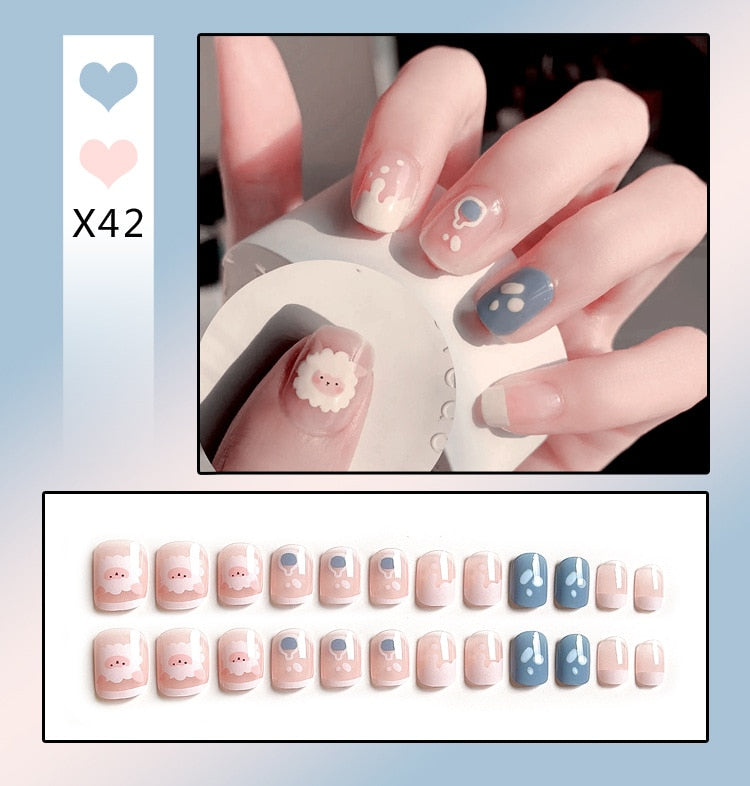 sengpan 24Pcs French With Drill Short Fake Nails Press On Nail Tips Artificial Full Cover Cute Bow Wearing False Nails Art Free Shipping