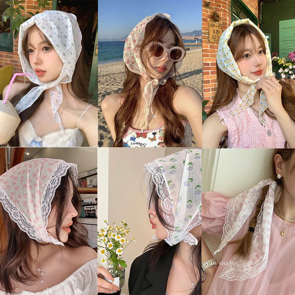 sengpan New Girl Lace Pastoral Style Headbands Hair Scarf For Women Floral Butterfly Hairbands Headwrap Fashion Turban Hair Accessories