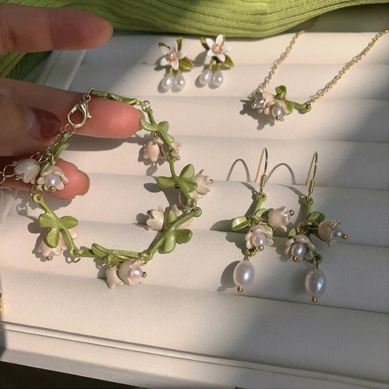 sengpan White Lily of The Valley Bracelet Earrings Necklace Super Fairy Stud Earrings Girls Clavicle Chain Flower Bracelet Jewelry Gifts