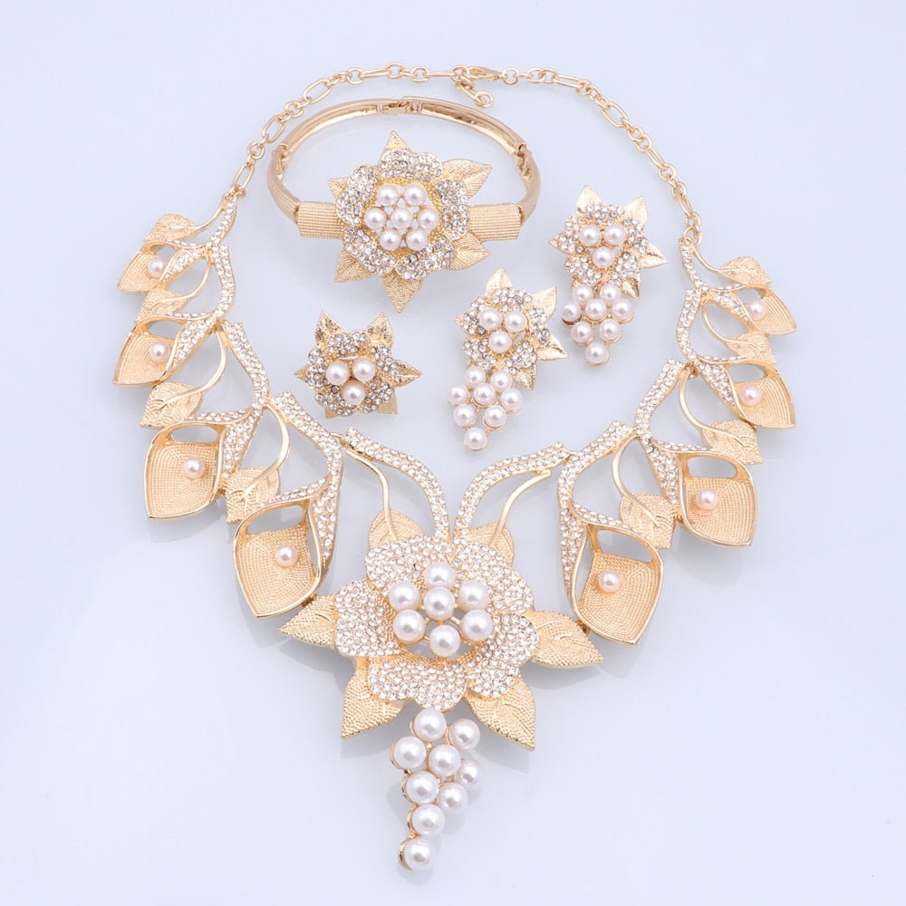 sengpan Women's Crystal Dubai Gold Color Imitation Pearl Necklace Earrings Bangle Ring Party Wedding Accessories Jewelry Set