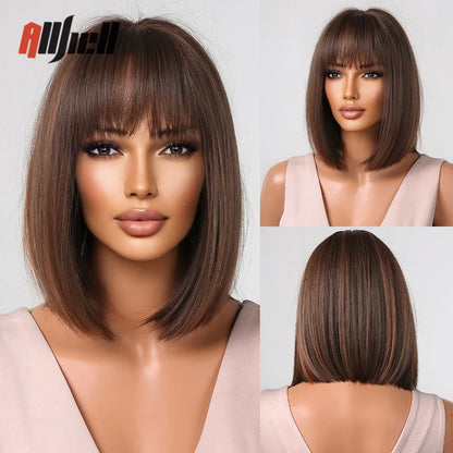 sengpan Short Brown Ombre Blonde Cosplay Wig Synthetic Straight Wigs for Black Women Heat Resistant Halloween Party Daily Natural Hair