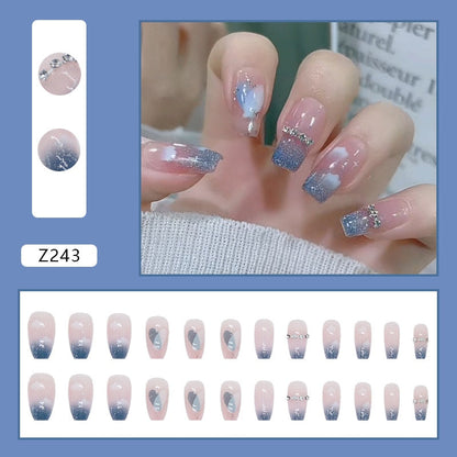 sengpan 24P Nail Art Fake Nails Japanese Ballerina Press on Nails Set Diamond Streamer Flash Fly Butterfly Seamless Removable False Nail